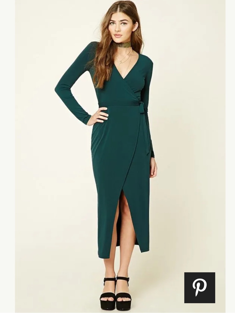 👗Forever 21 Hunter Green Long Sleeve V-Neck Wrap/Waist Tie Midi Dress Size Small